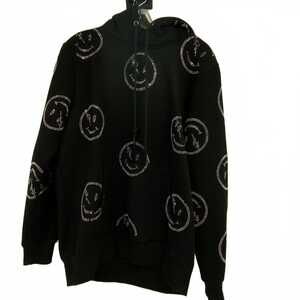 Retrovert Black Sequin Smiley Hoodie | OS Pullover Sweatshirt
